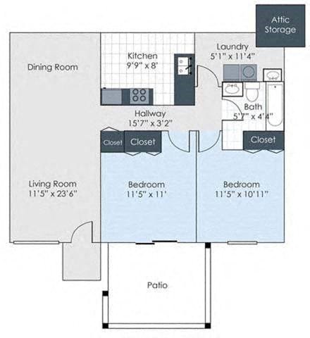 Floor plan for 2 beds, 1 bath, 864 sqft
